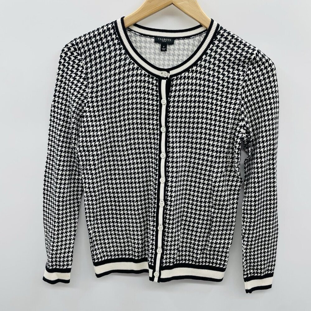 Talbots Petite Womens Size P Houndstooth Charming Cardigan Sweater in Black 2192 - Picture 2 of 7